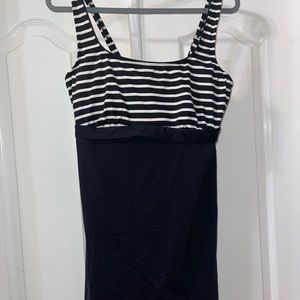 TWO Lands’ End 14L Black With Striped Swim/ Floral Swim Dress.